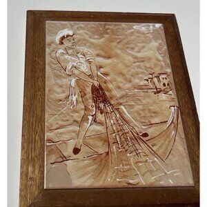 Vintage Italian Art Tile Ceramic Fishing Portrait Made In Italy Wood Collectible